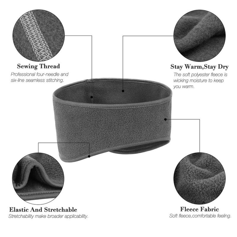 KOMAKE Ear Warmers Headband, 2 Pack Earmuff Headband Fleece Earmuffs Running Headband Winter Ear Covers Moisture Wicking Sweatband Ski Sport Headband for Men & Women (Black+Grey) - Image 3